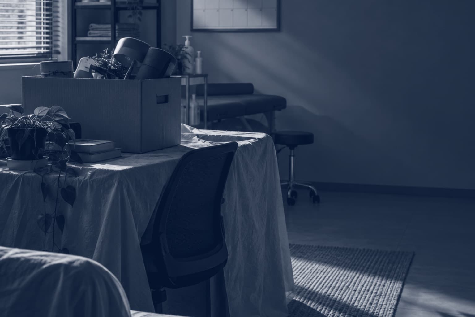 Sala de atendimento vazia, com os móveis cobertos por lençol e uma caixa de mudança em cima da mesa, em tons de azul