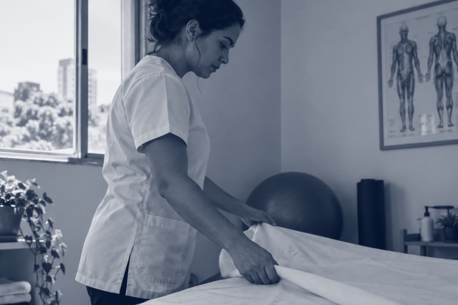 Fisioterapeuta de perfil esticando o lençol sobre a maca no consultório dela, com bola de pilates e pôster de anatomia ao fundo, em tons de azul